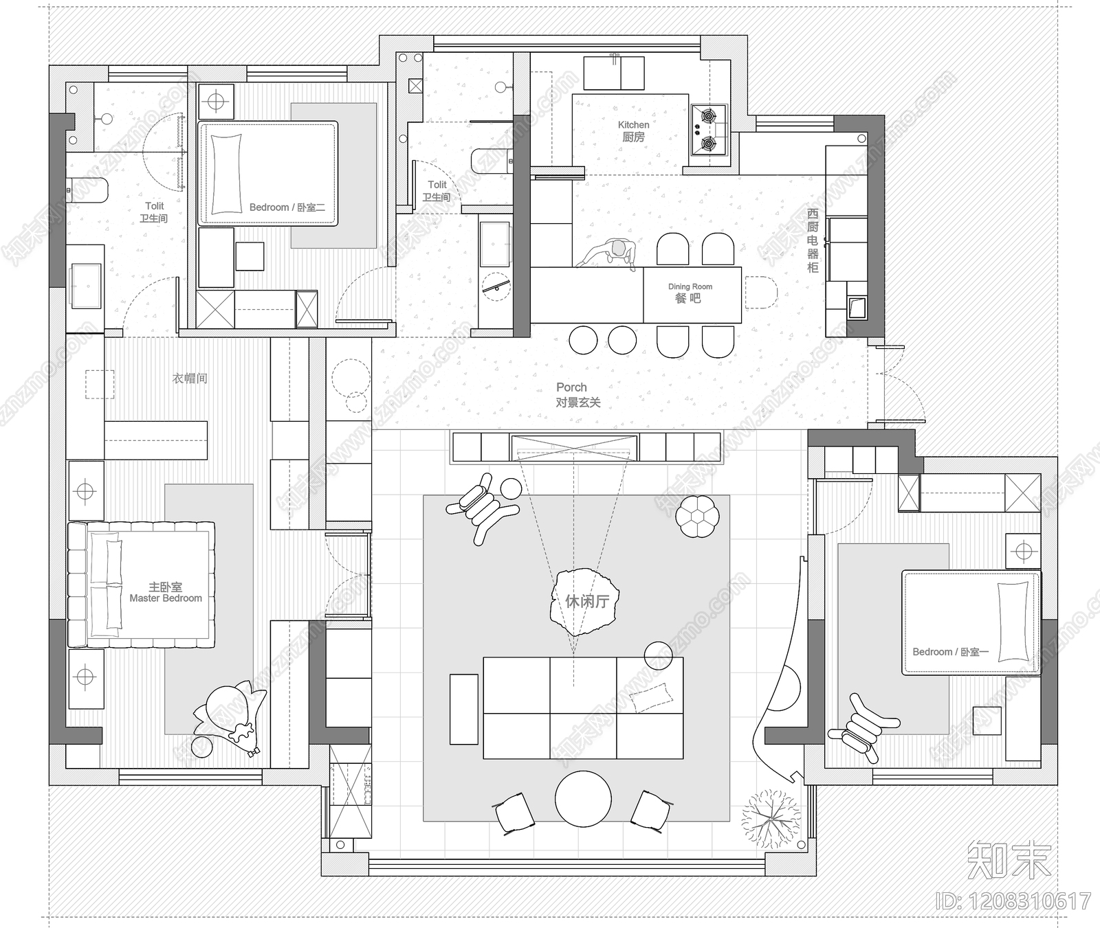 小户型平层cad施工图下载【ID:1208310617】