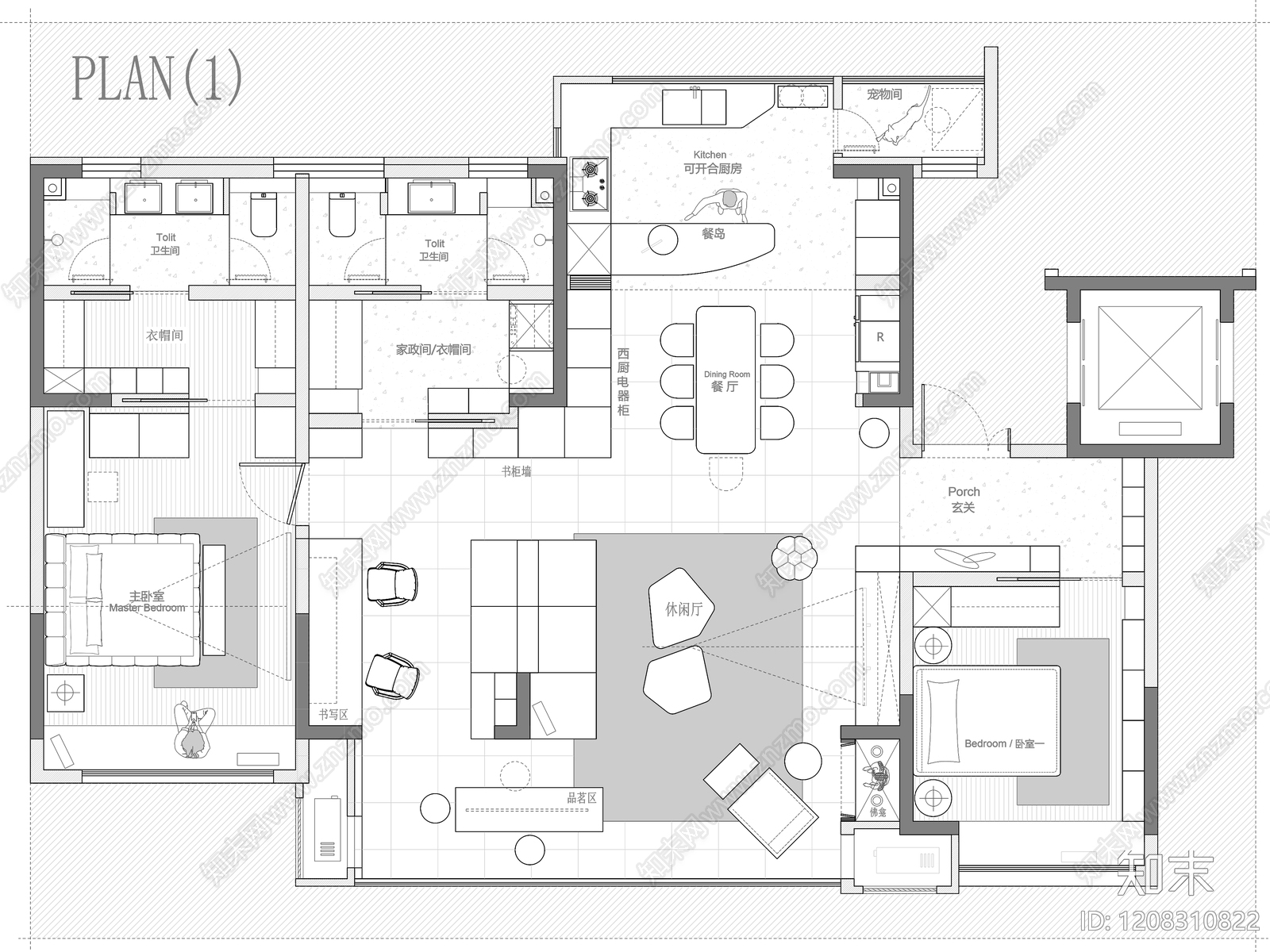 小户型平层cad施工图下载【ID:1208310822】