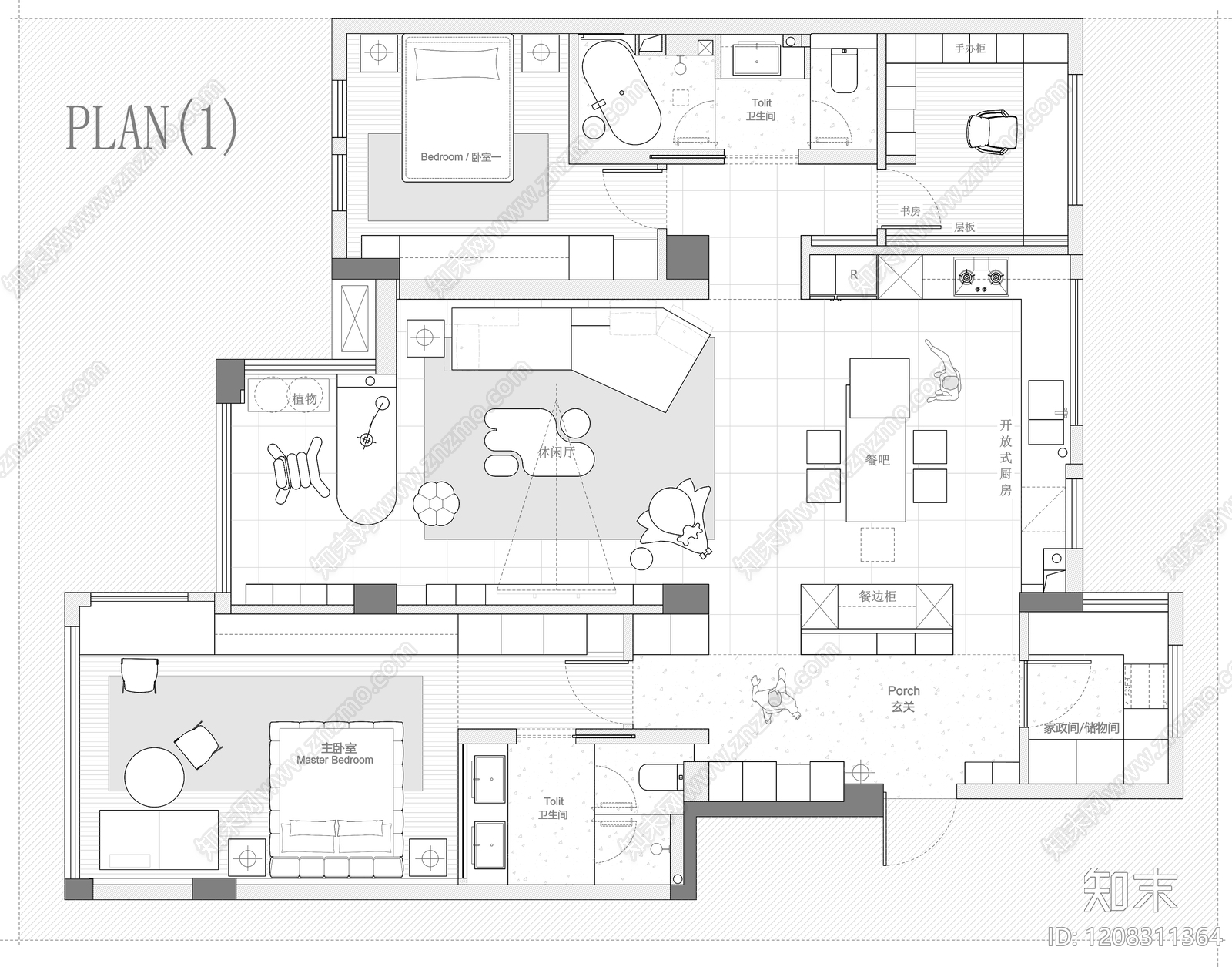 小户型平层cad施工图下载【ID:1208311364】