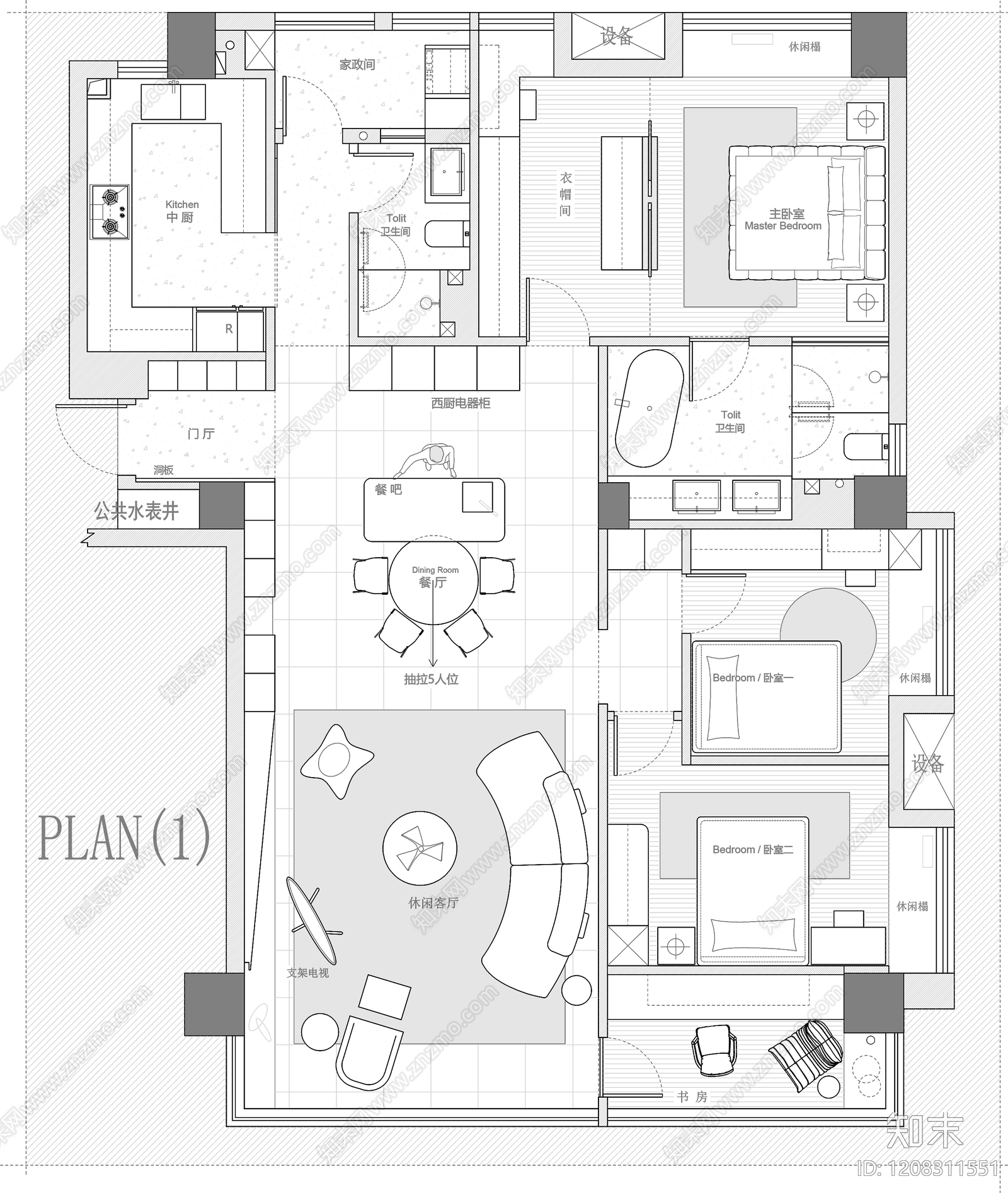 小户型平层cad施工图下载【ID:1208311551】