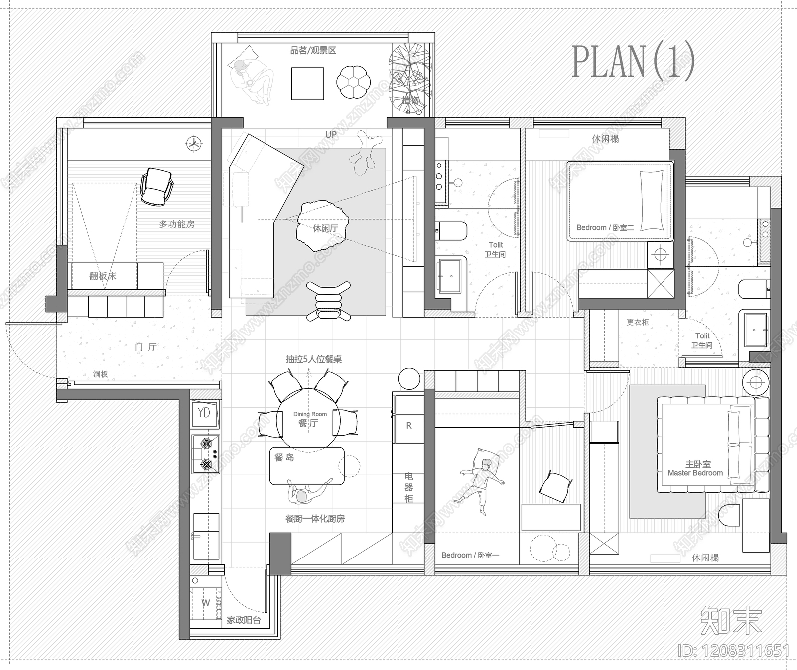 小户型平层cad施工图下载【ID:1208311651】