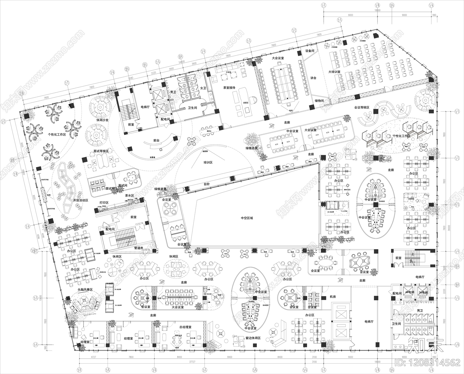 现代开放办公室cad施工图下载【ID:1208314562】