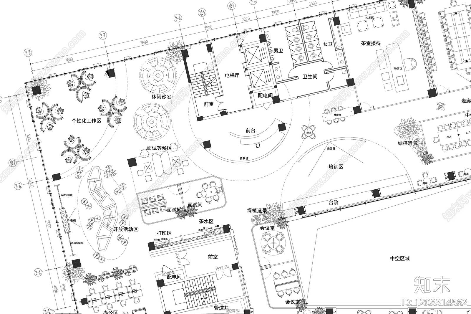 现代开放办公室cad施工图下载【ID:1208314562】