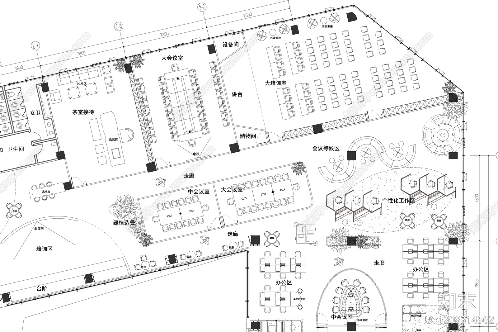 现代开放办公室cad施工图下载【ID:1208314562】