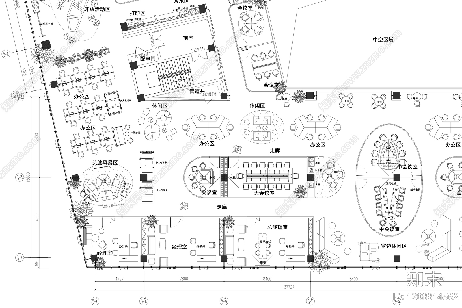 现代开放办公室cad施工图下载【ID:1208314562】