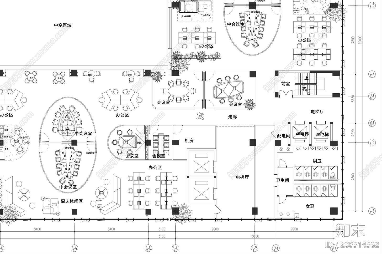 现代开放办公室cad施工图下载【ID:1208314562】