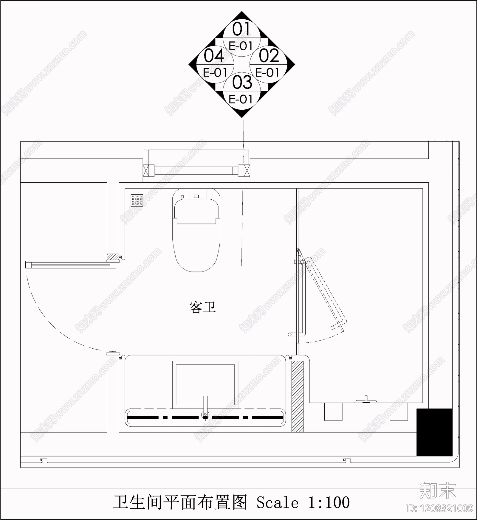 现代轻奢卫生间cad施工图下载【ID:1208321009】