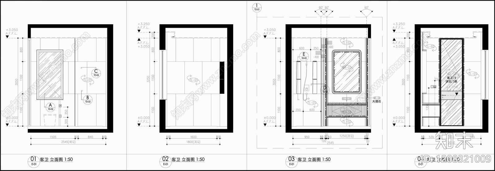 现代轻奢卫生间cad施工图下载【ID:1208321009】