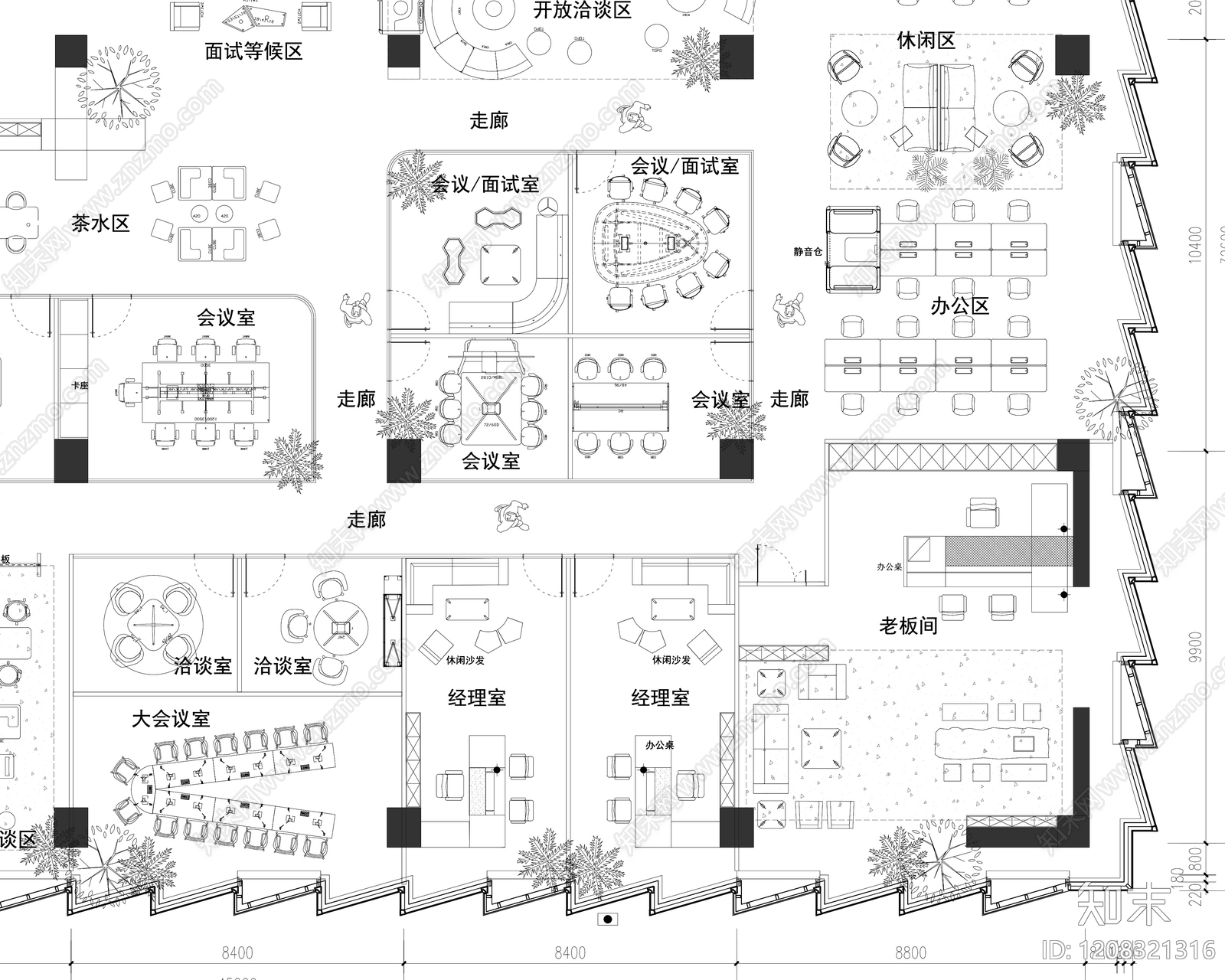 现代开放办公室cad施工图下载【ID:1208321316】
