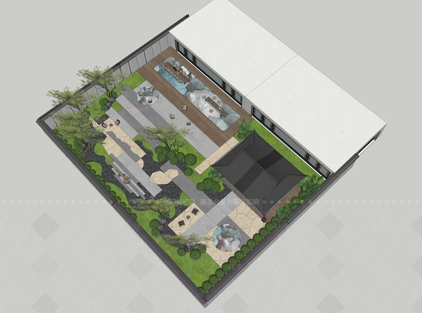 现代新中式别墅庭院SU模型下载【ID:1208325550】