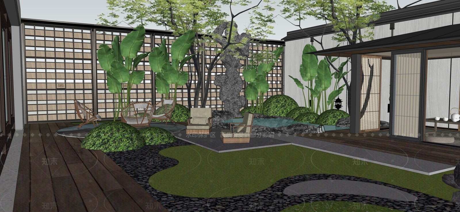 现代新中式别墅庭院SU模型下载【ID:1208325515】