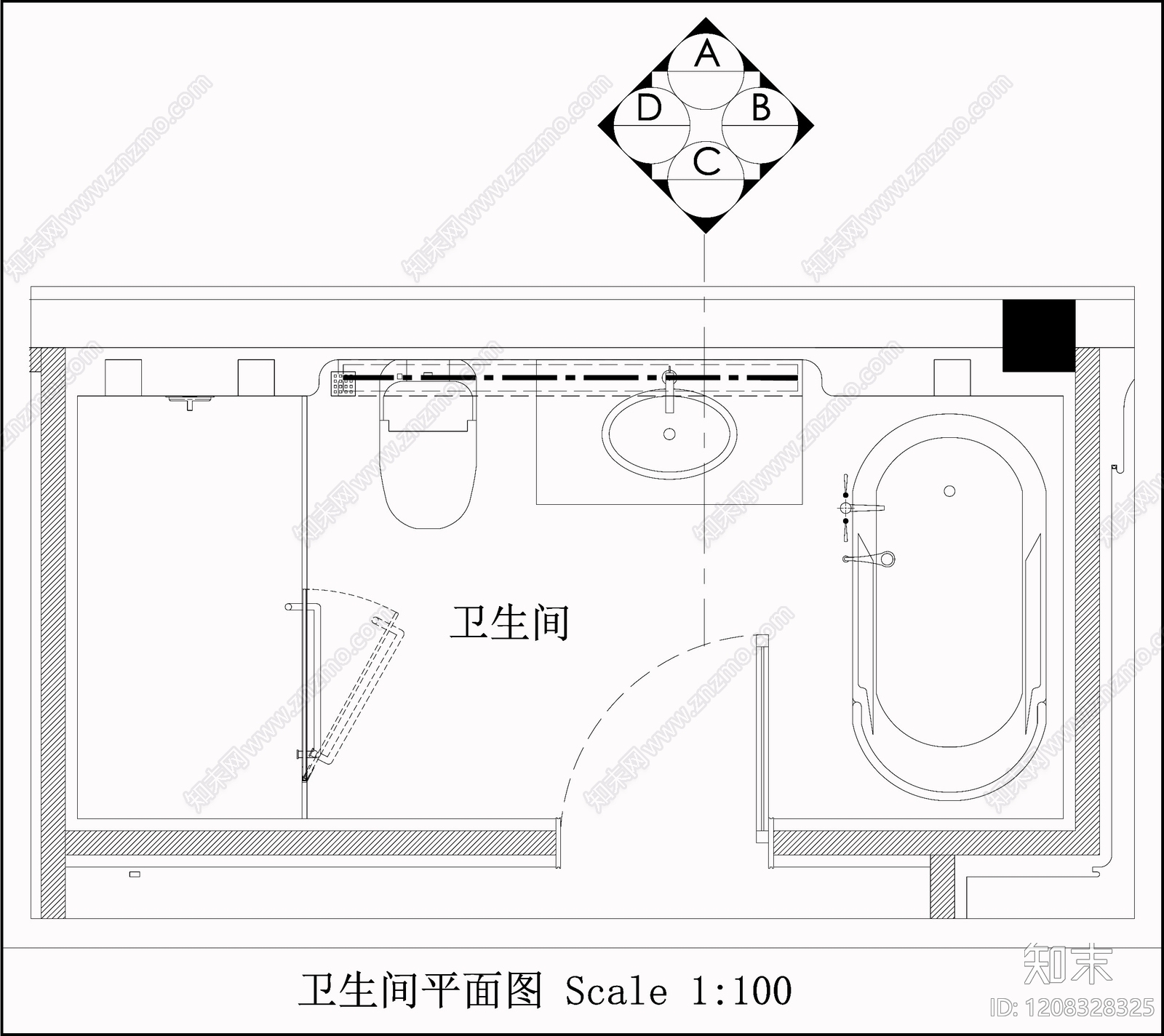 现代轻奢卫生间cad施工图下载【ID:1208328325】