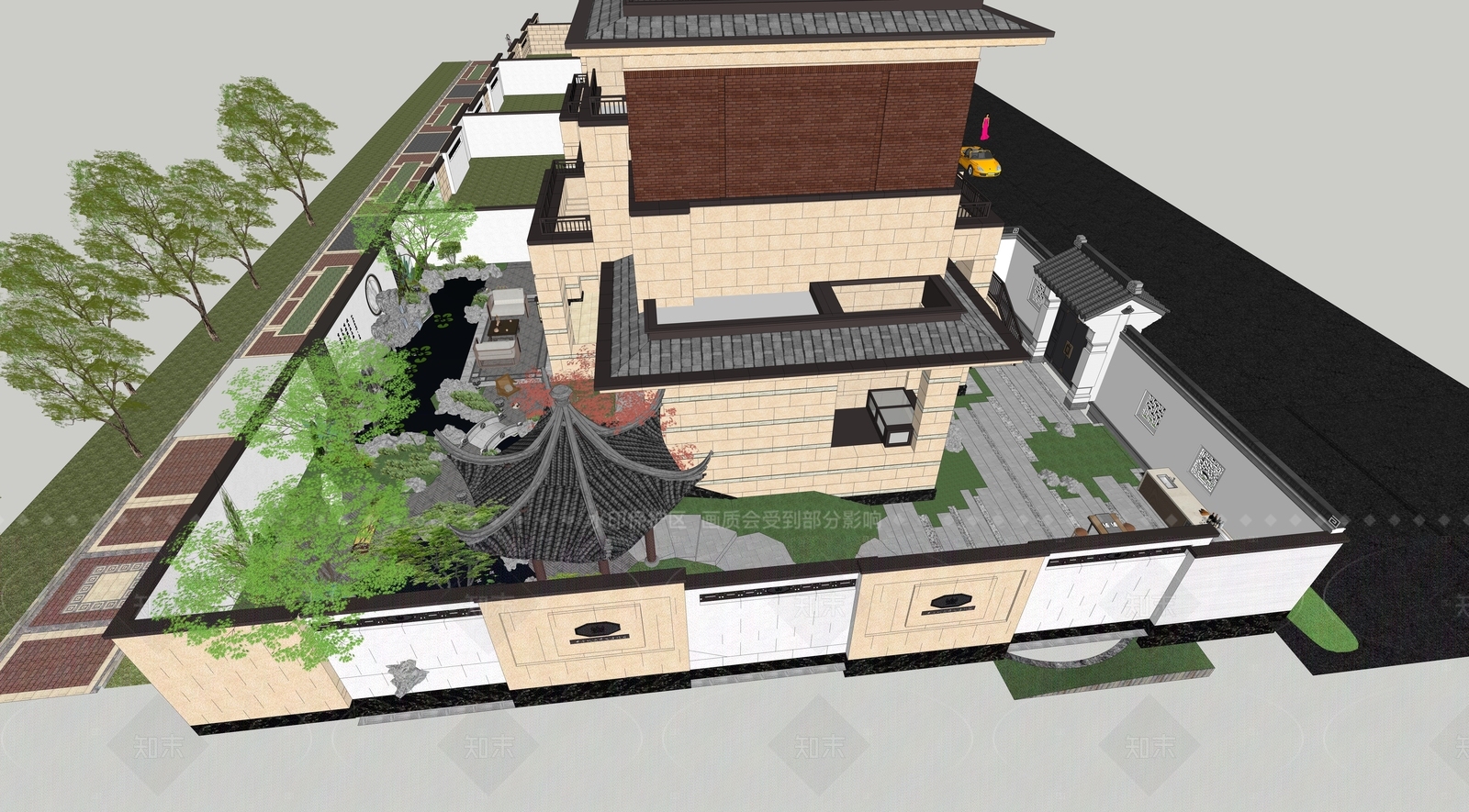 新中式别墅庭院SU模型下载【ID:1208346142】