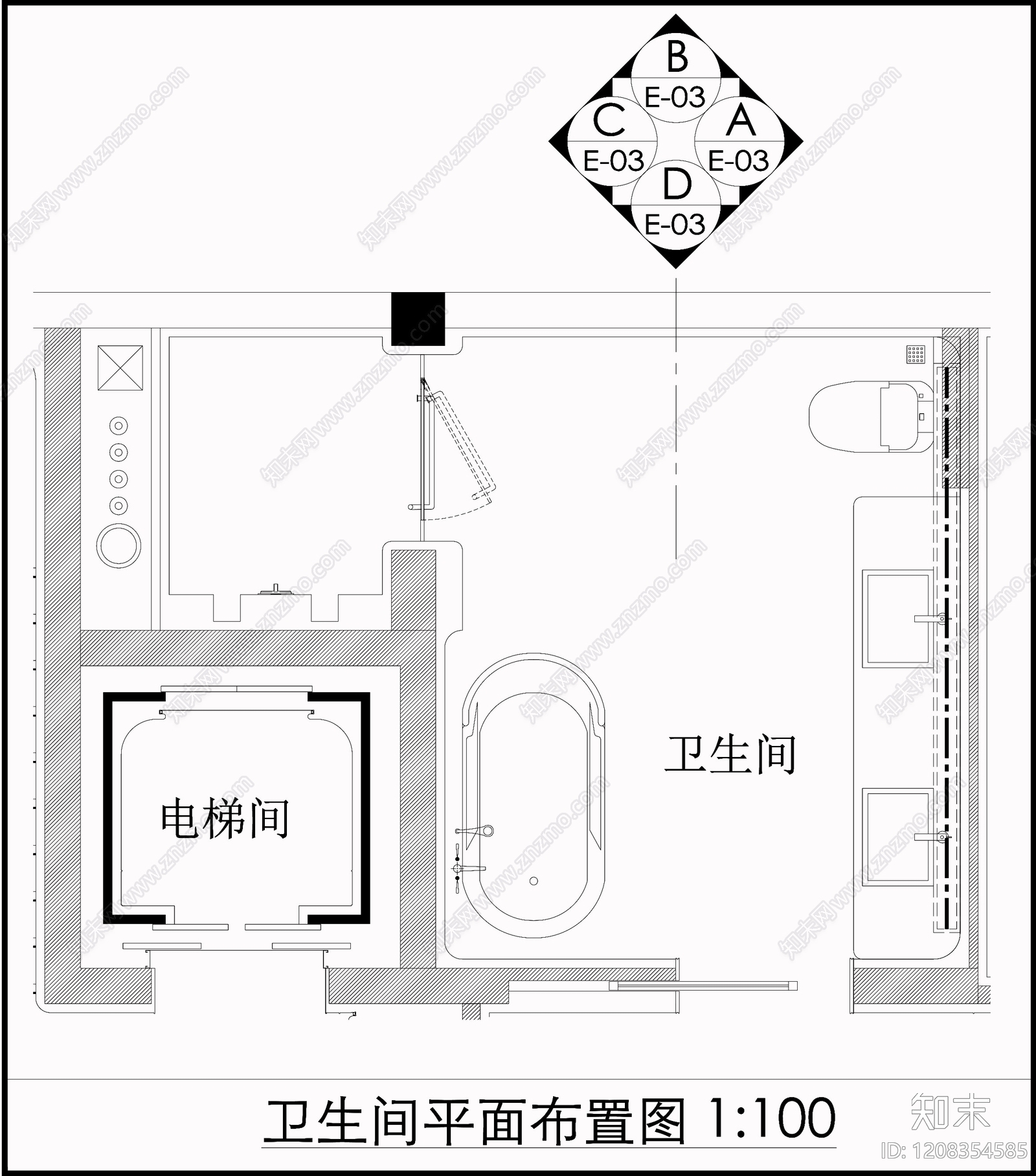 现代新中式卫生间cad施工图下载【ID:1208354585】