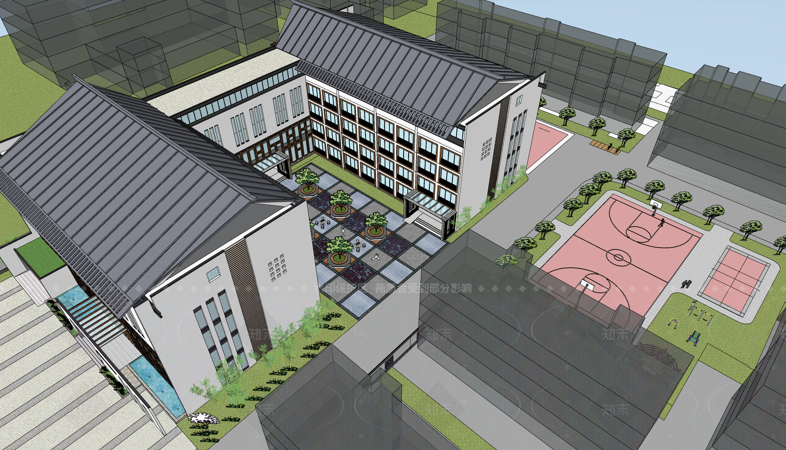 新中式中式办公楼SU模型下载【ID:1208360774】