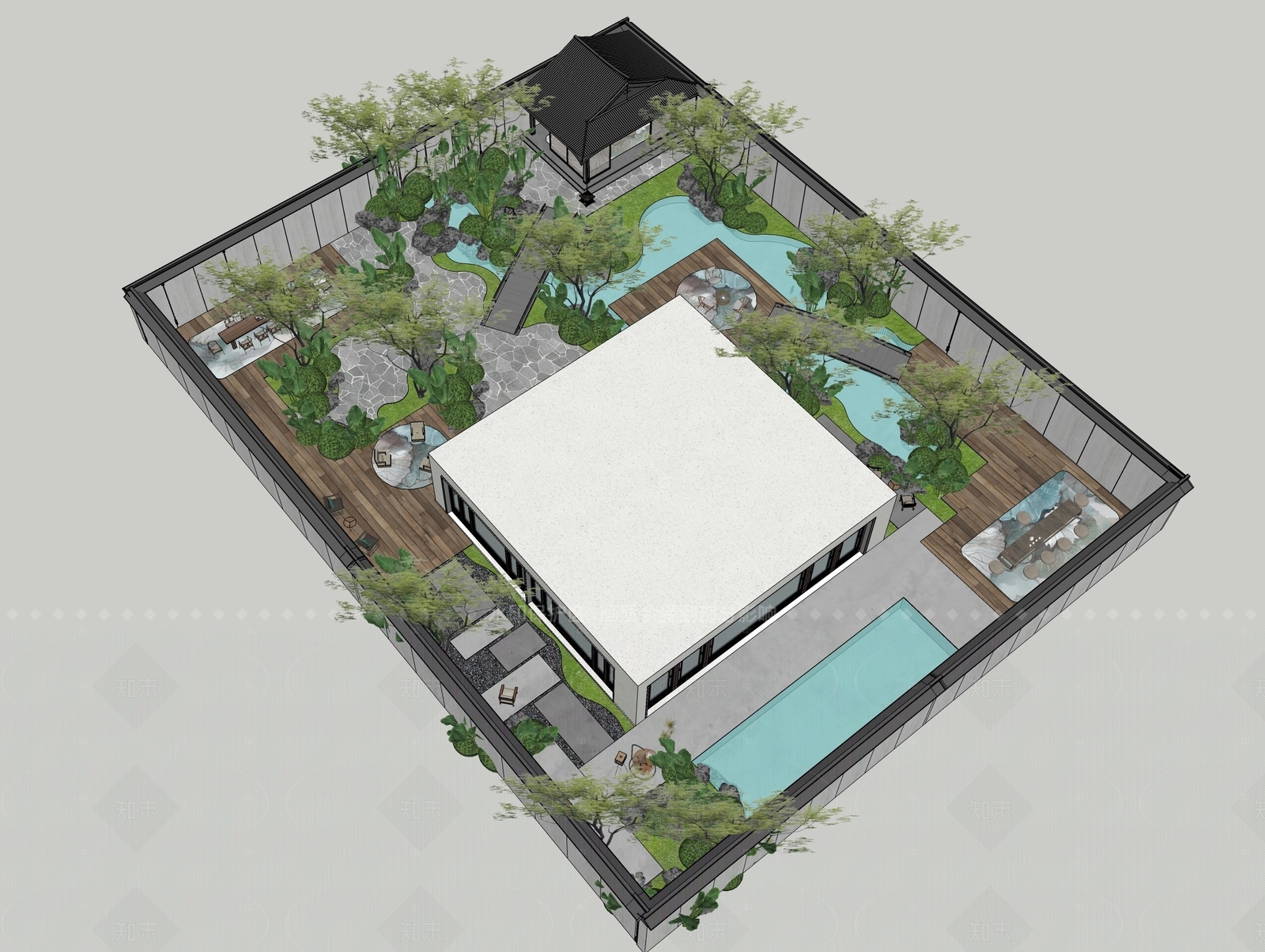 现代新中式别墅庭院SU模型下载【ID:1208361702】