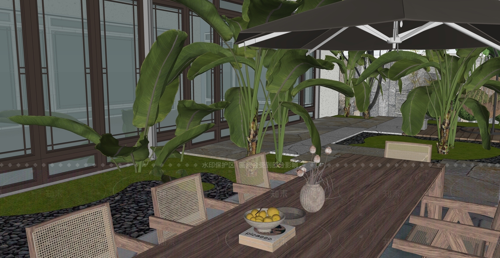 现代新中式别墅庭院SU模型下载【ID:1208361848】