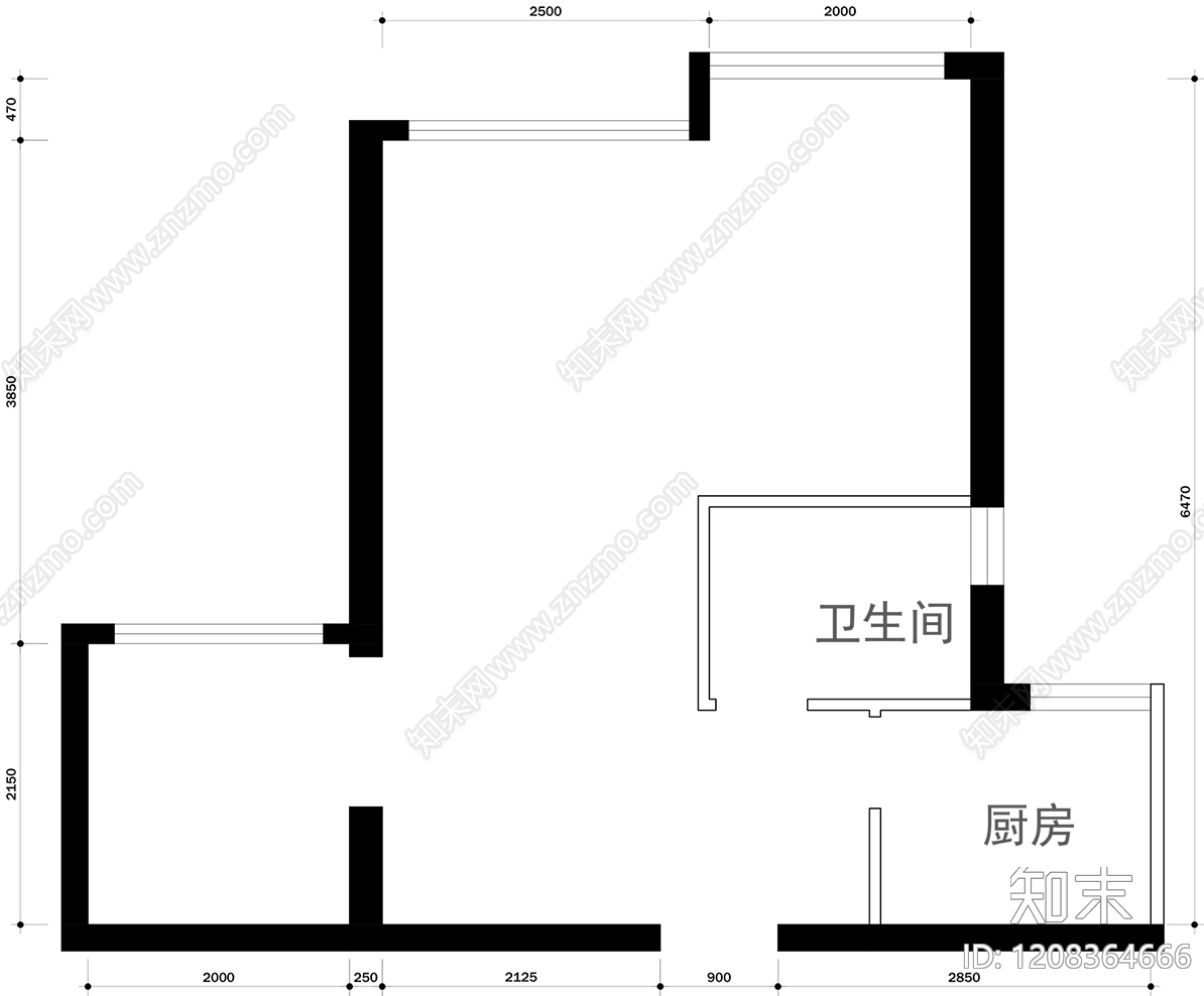 小户型平层cad施工图下载【ID:1208364666】