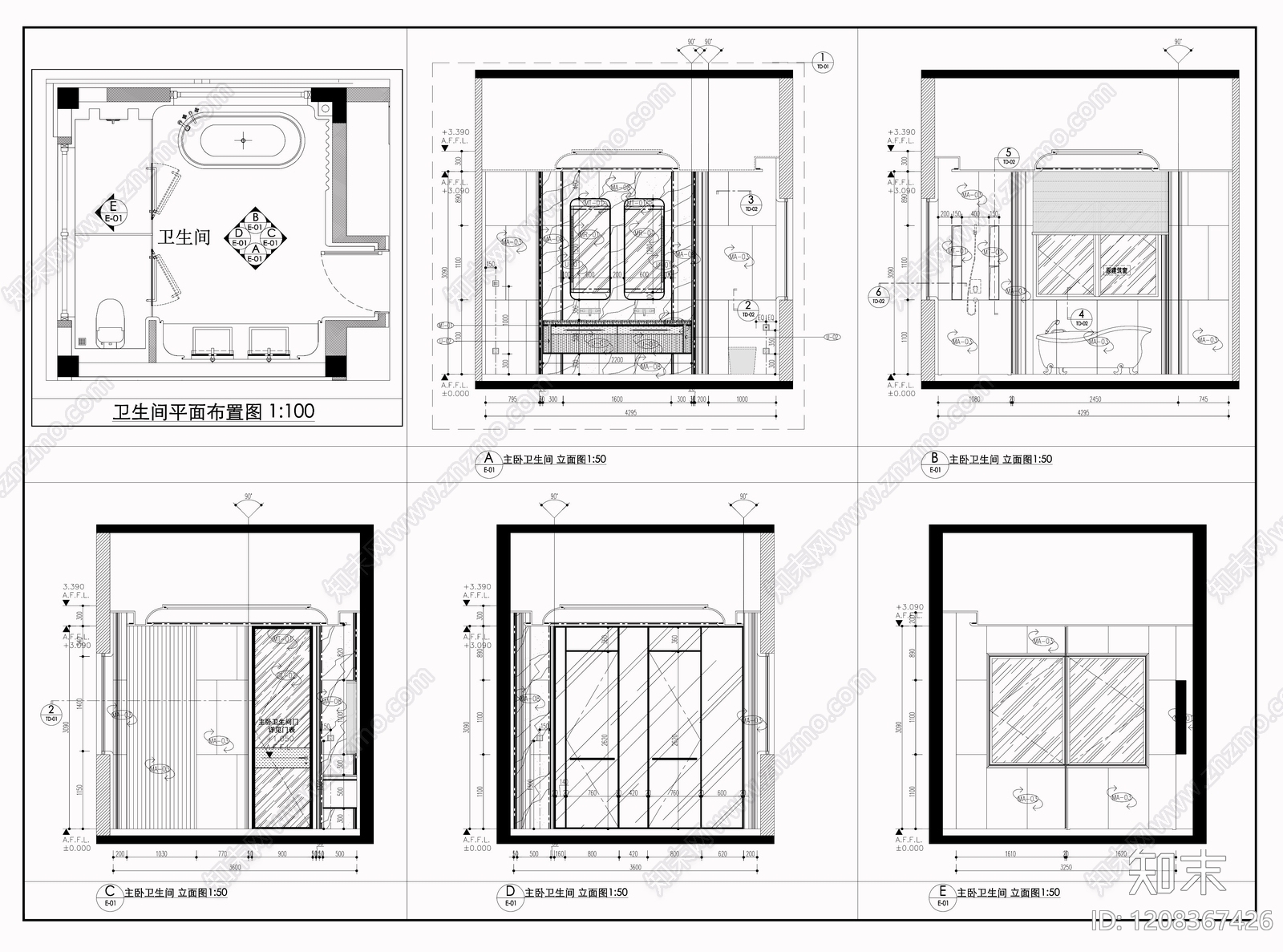 现代新中式卫生间cad施工图下载【ID:1208367426】