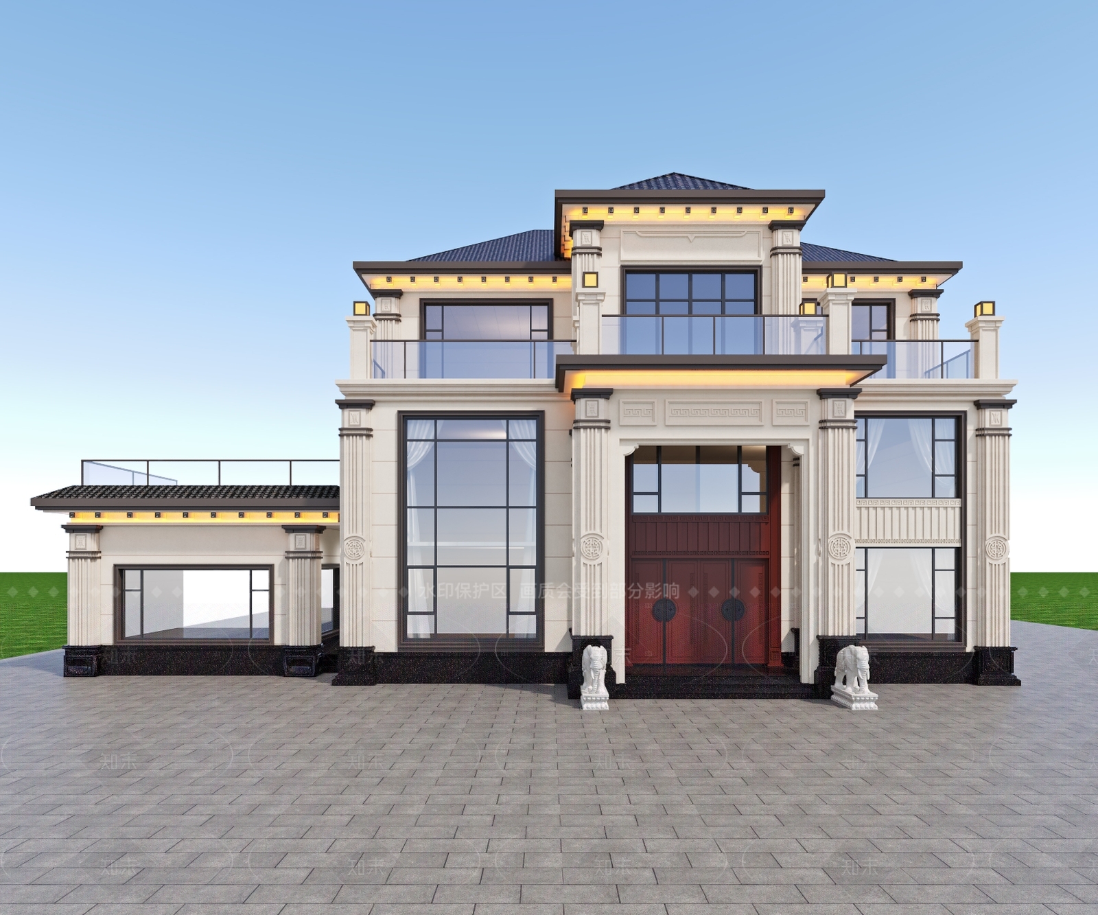新中式别墅外观3D模型下载【ID:1208375497】