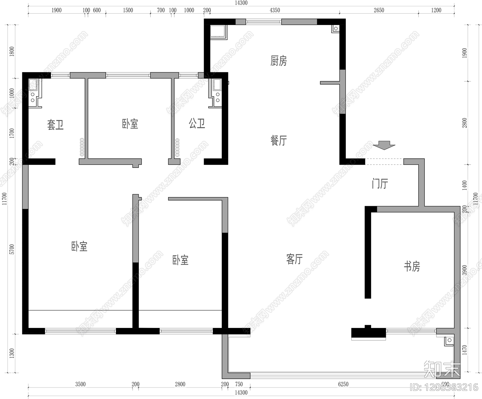 小户型平层cad施工图下载【ID:1208383216】