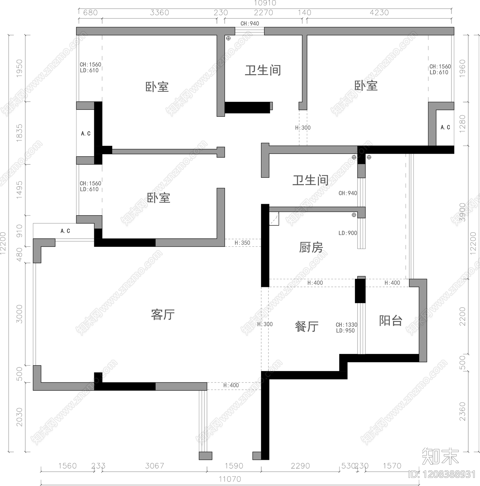 小户型平层cad施工图下载【ID:1208388931】
