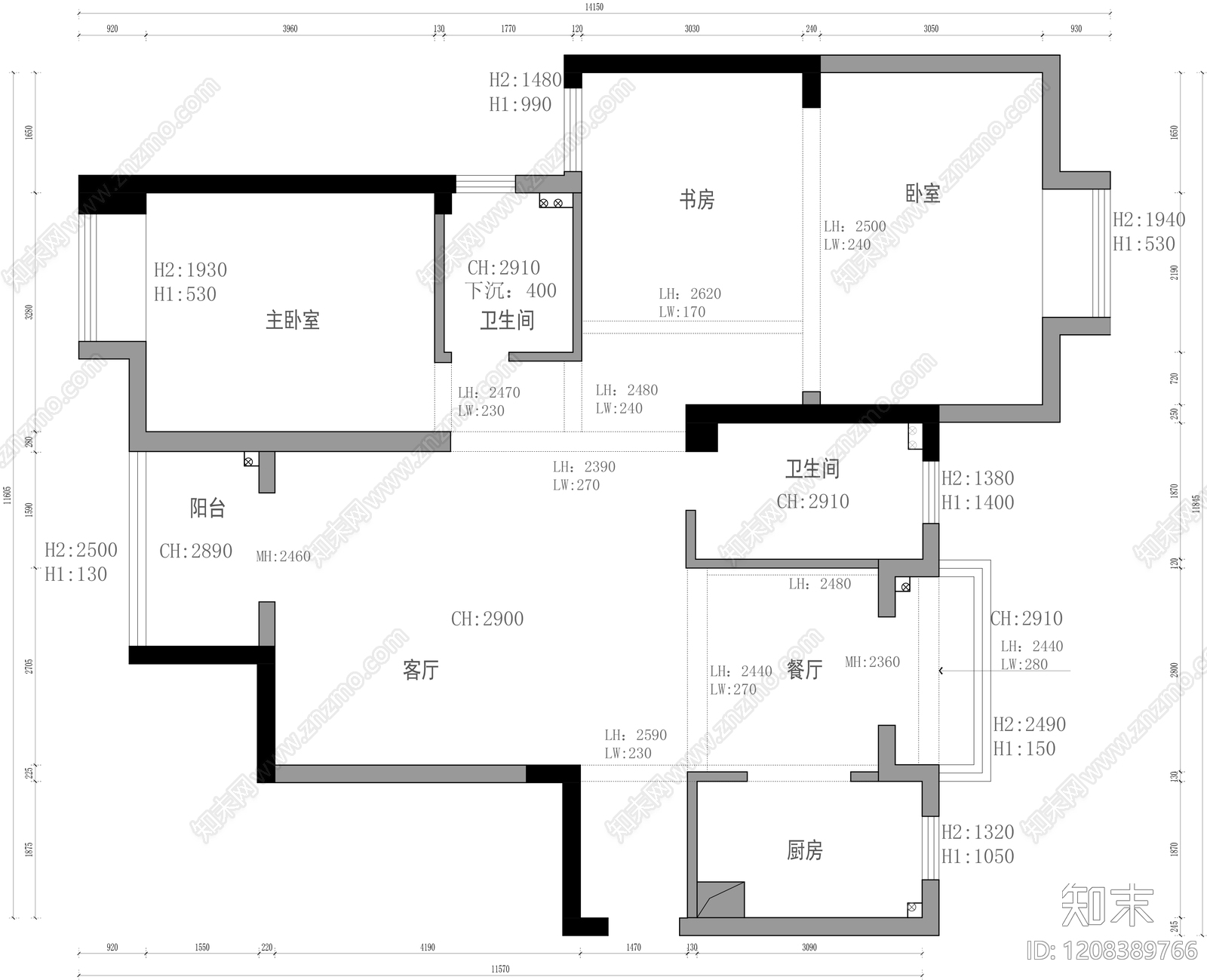 小户型平层cad施工图下载【ID:1208389766】