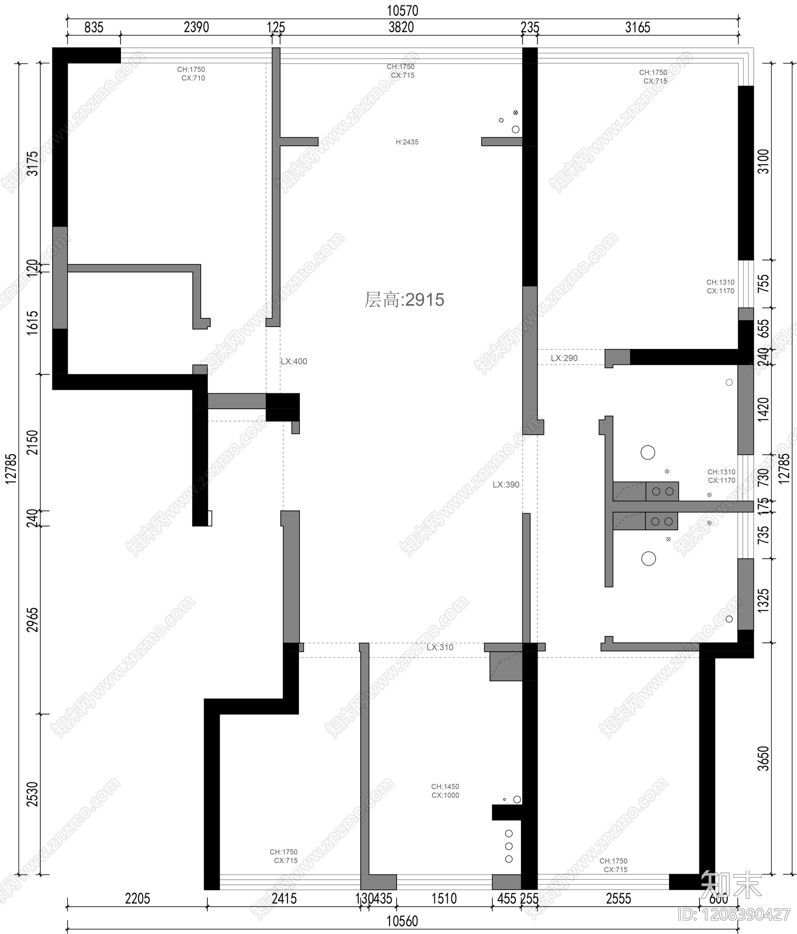 小户型平层cad施工图下载【ID:1208390427】