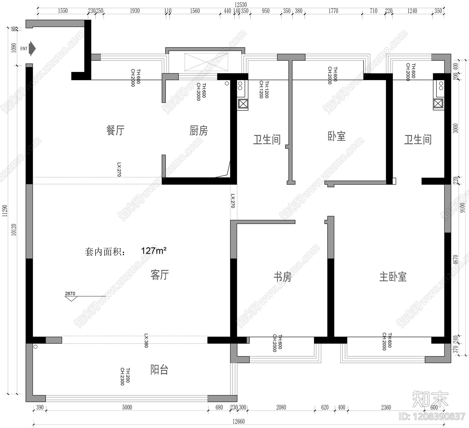 小户型平层cad施工图下载【ID:1208390837】