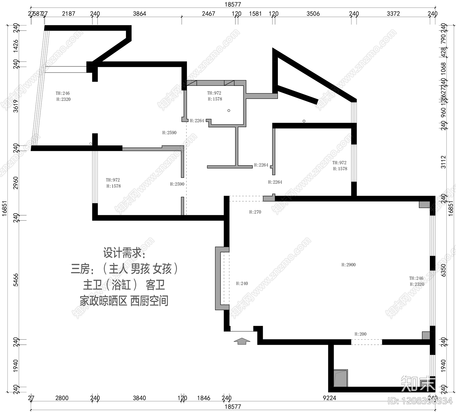 小户型平层cad施工图下载【ID:1208390934】