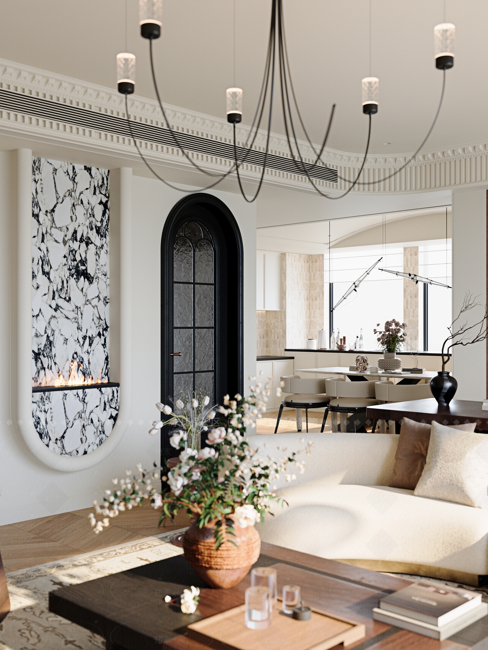 法式复古大平层客餐厅3D模型下载【ID:1208394036】