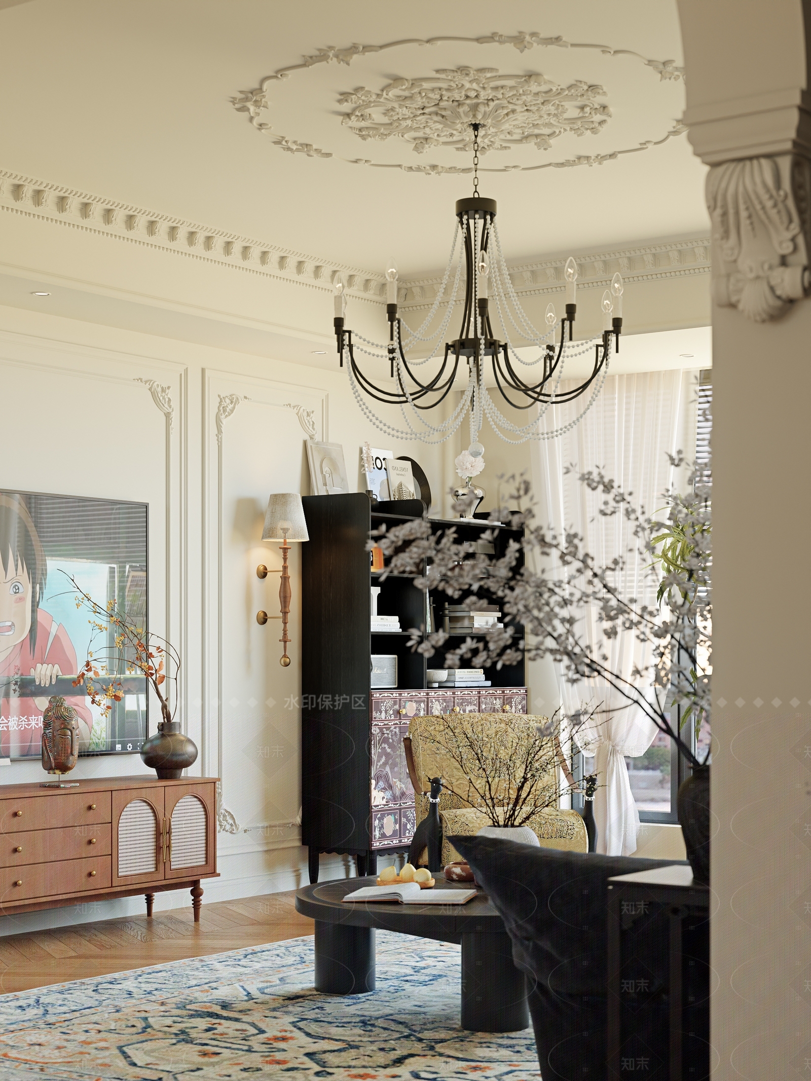 法式复古大平层客餐厅3D模型下载【ID:1208397306】