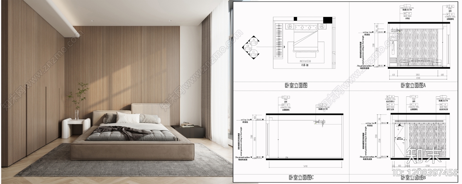 现代原木卧室施工图下载【ID:1208397458】