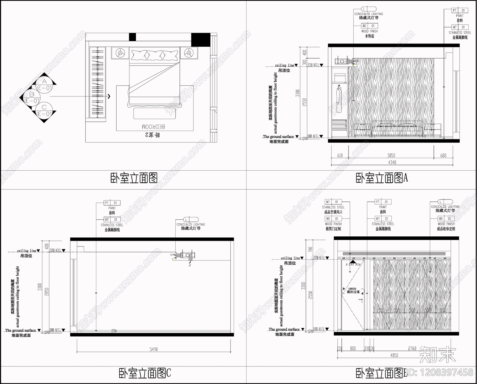 现代原木卧室cad施工图下载【ID:1208397458】