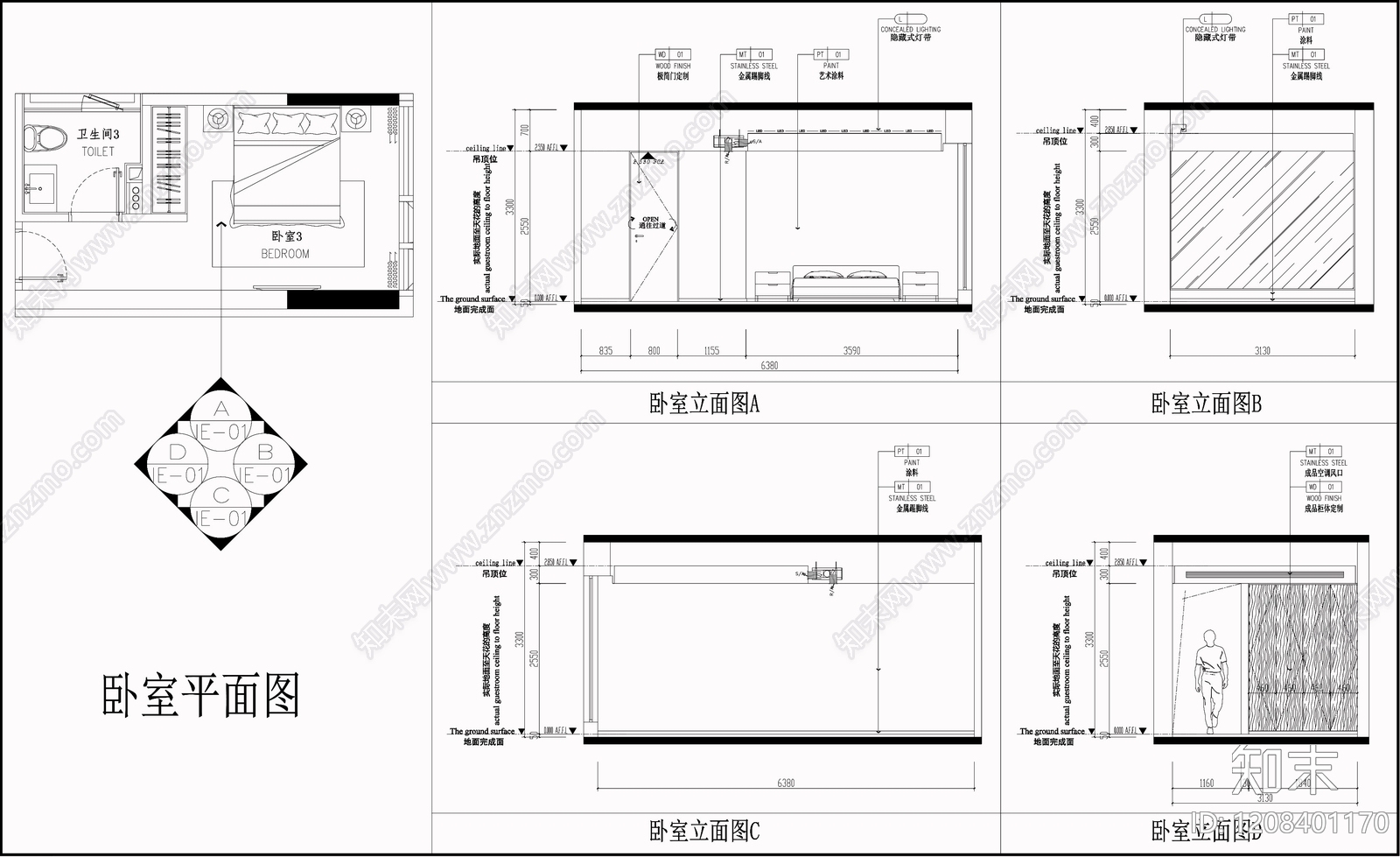 现代卧室施工图下载【ID:1208401170】
