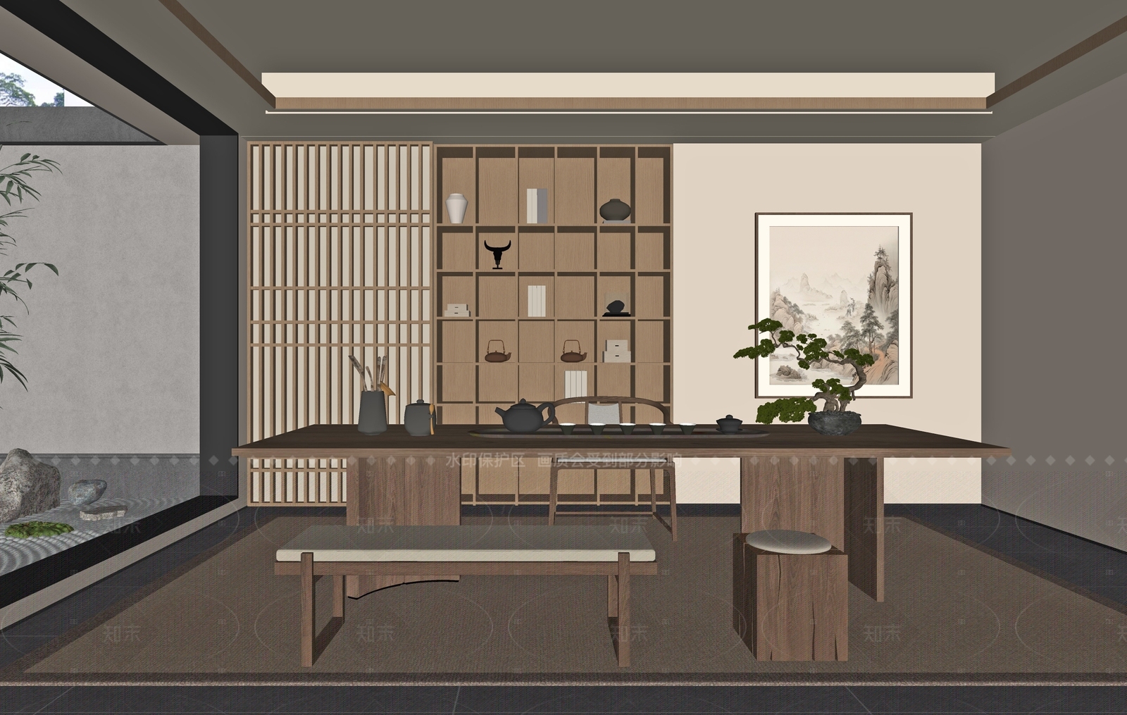 新中式现代茶室SU模型下载【ID:1208408493】