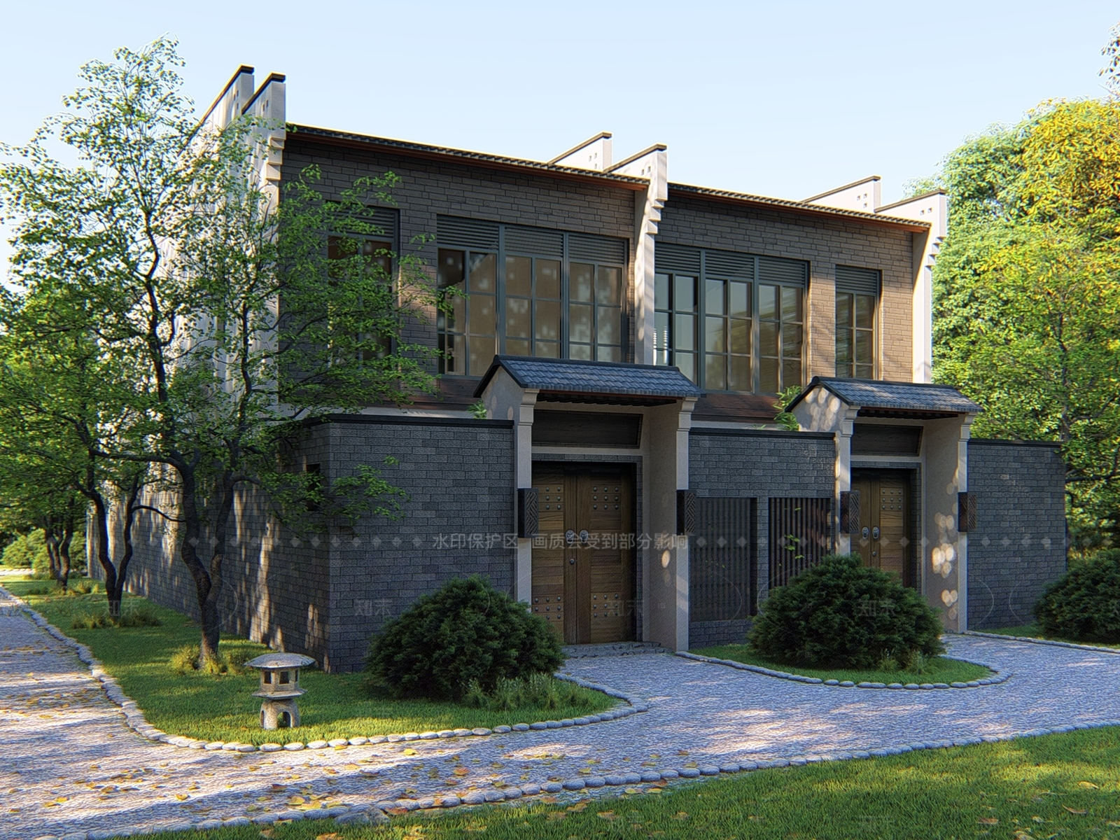 新中式简约联排别墅SU模型下载【ID:1208418090】