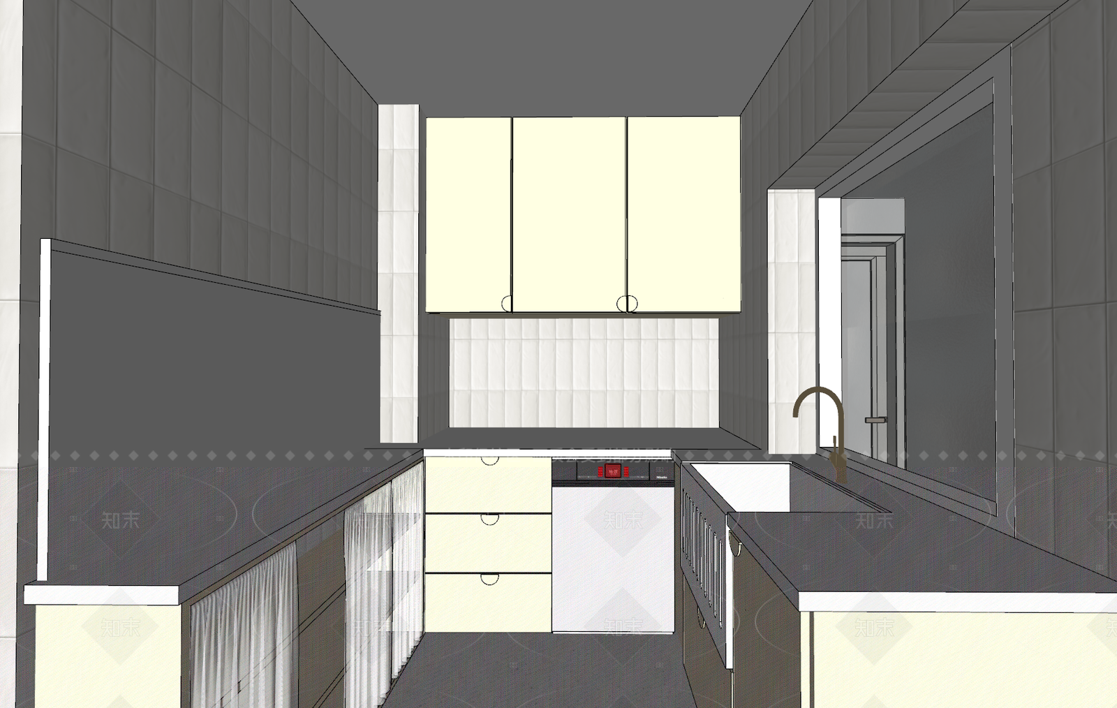 现代奶油封闭式厨房SU模型下载【ID:1208420183】