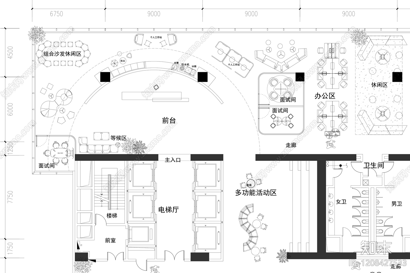 简约整体办公空间cad施工图下载【ID:1208427533】