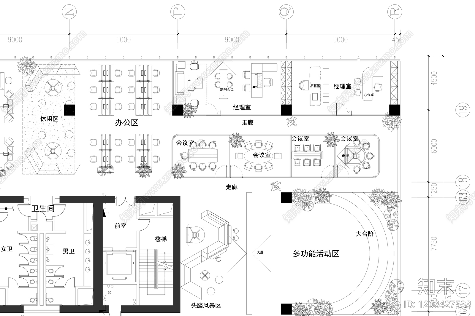 简约整体办公空间cad施工图下载【ID:1208427533】
