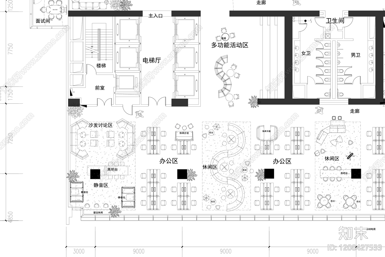 简约整体办公空间cad施工图下载【ID:1208427533】