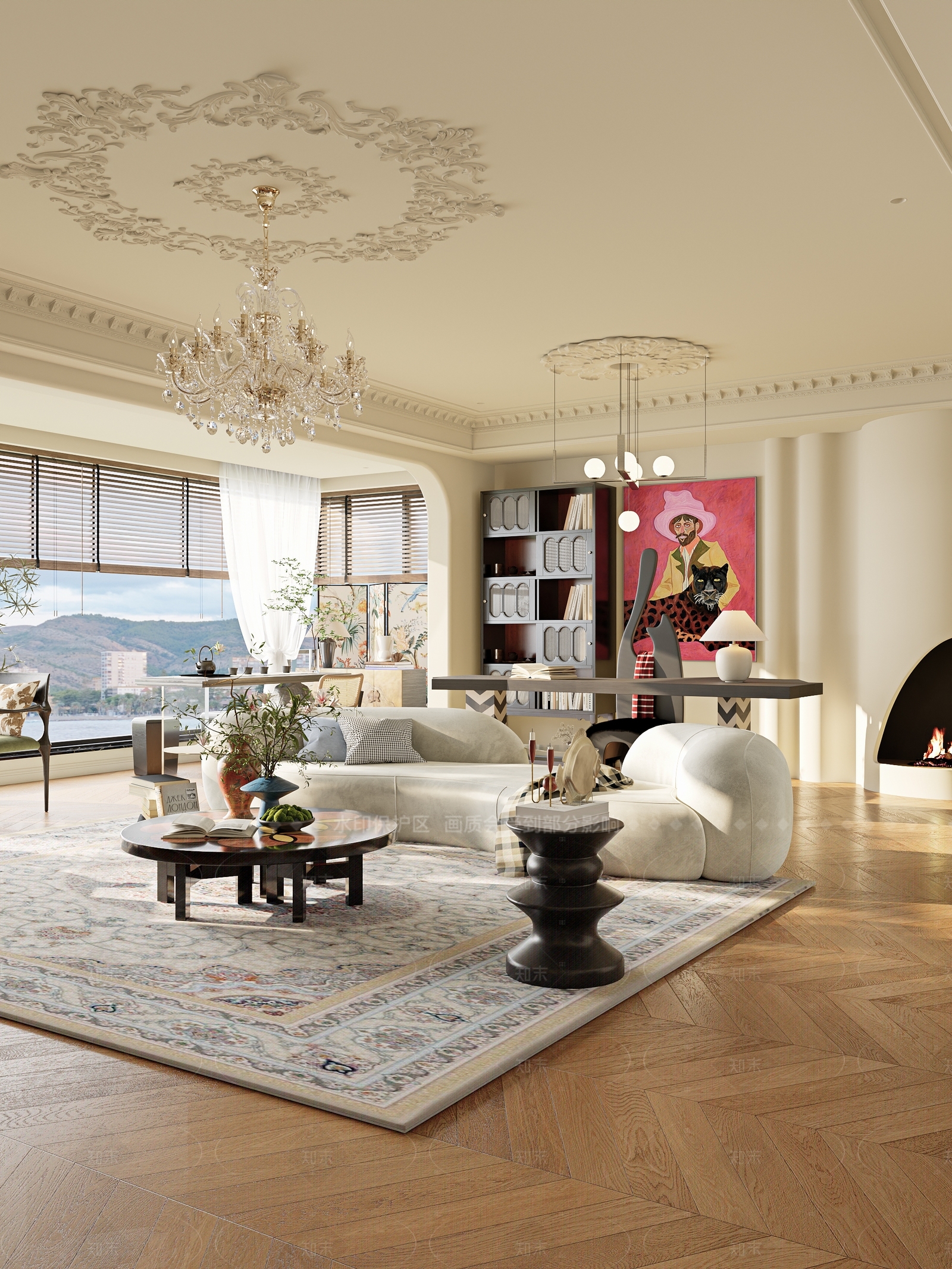 法式奶油风大平层客餐厅3D模型下载【ID:1208432423】