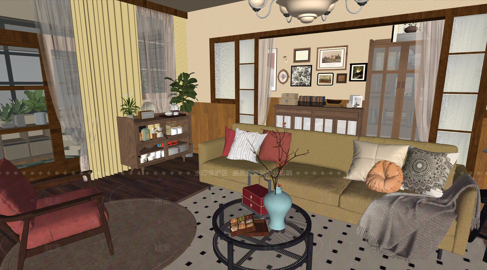 中式美式家居客厅SU模型下载【ID:1208437682】