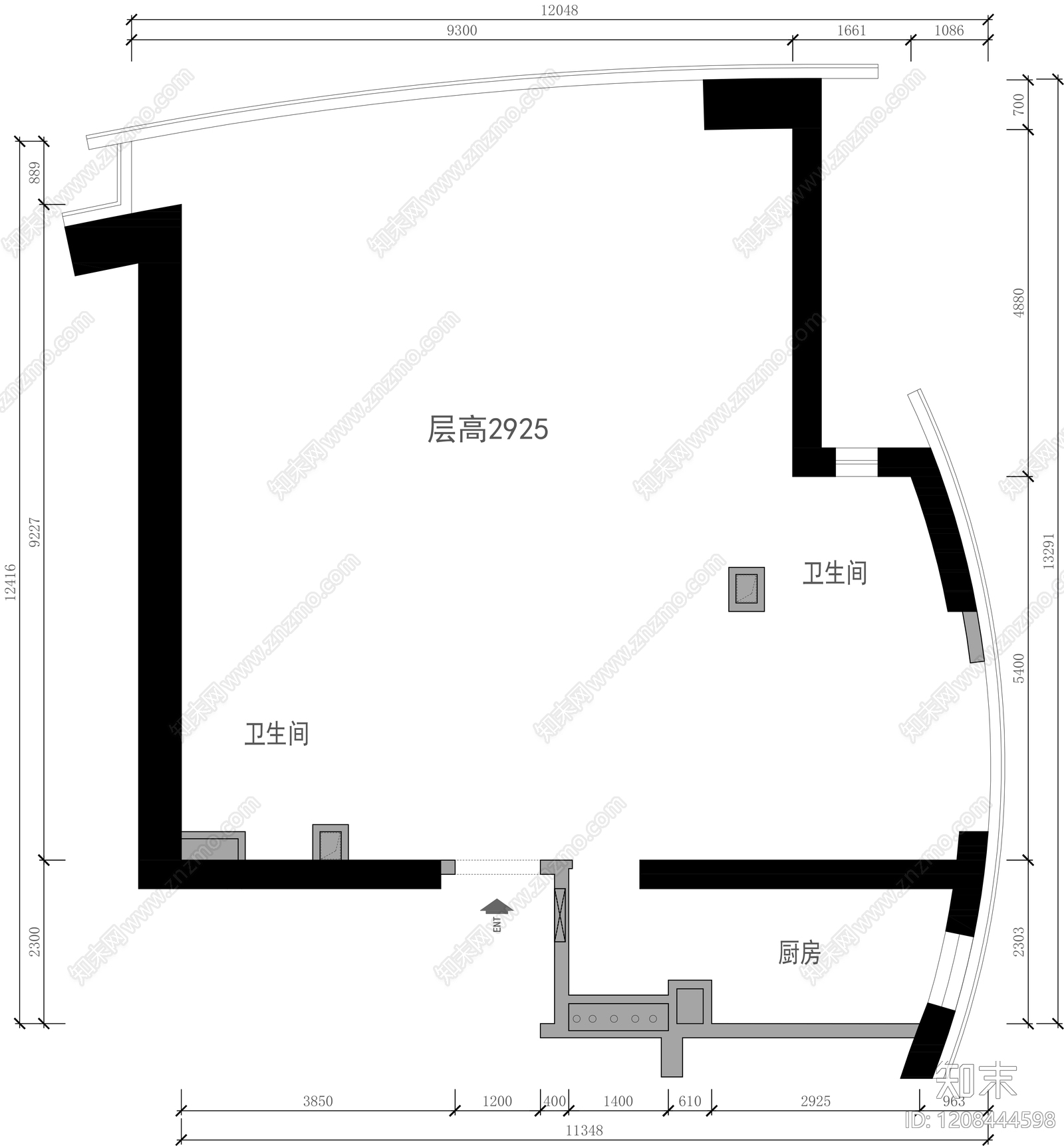 小户型平层cad施工图下载【ID:1208444598】