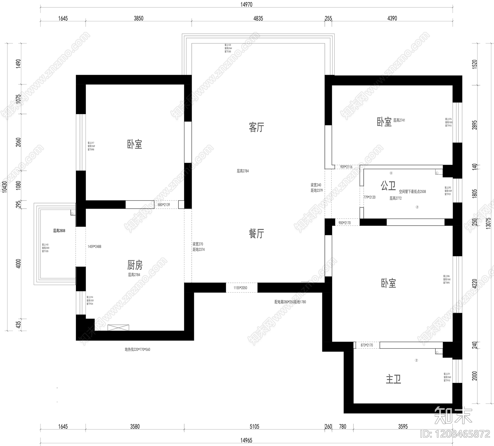 小户型平层cad施工图下载【ID:1208465872】