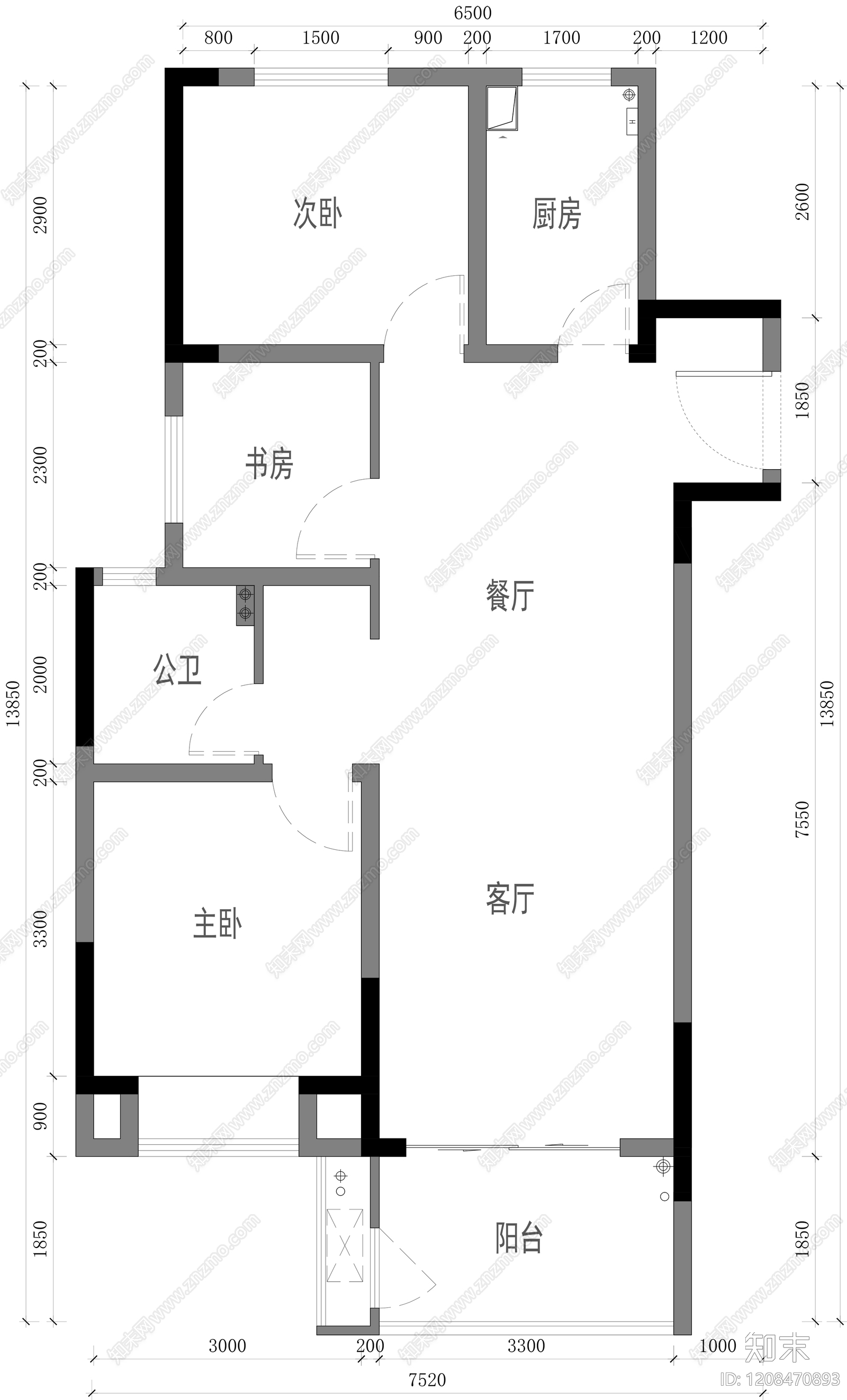 小户型平层cad施工图下载【ID:1208470893】
