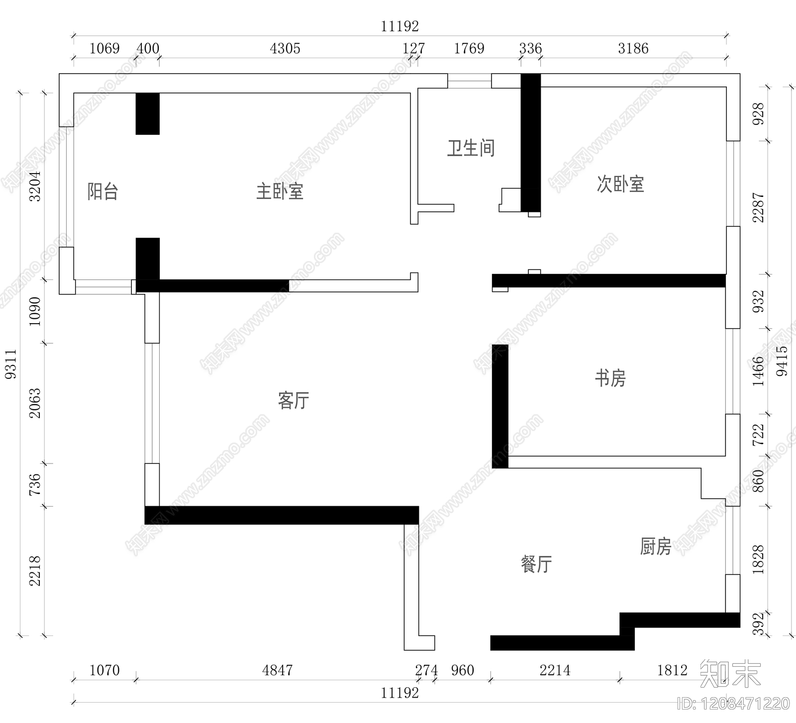 小户型平层cad施工图下载【ID:1208471220】