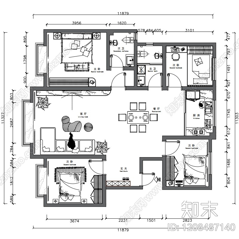 新中式中式家装平面图施工图下载【ID:1208487140】