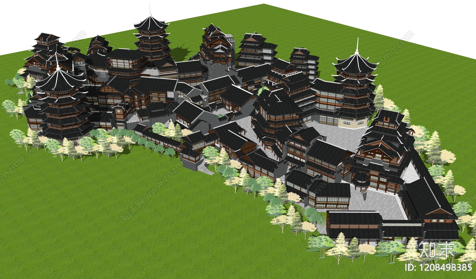 新中式中式古建筑SU模型下载【ID:1208498385】