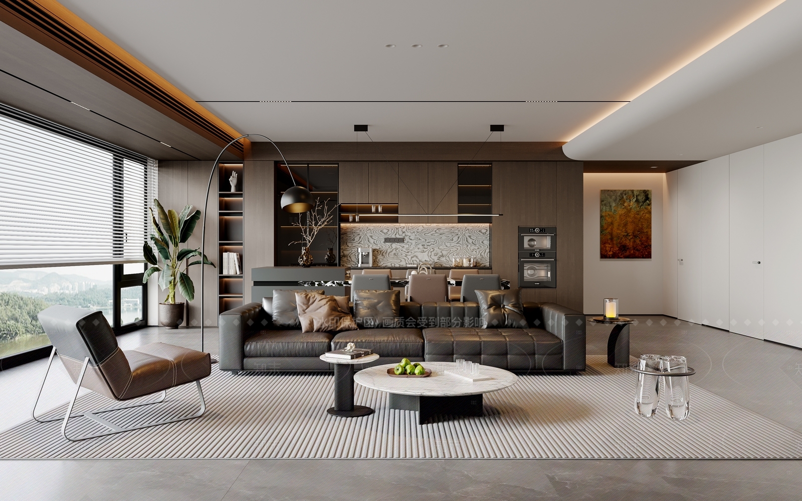 现代极简大平层客餐厅3D模型下载【ID:1208503670】